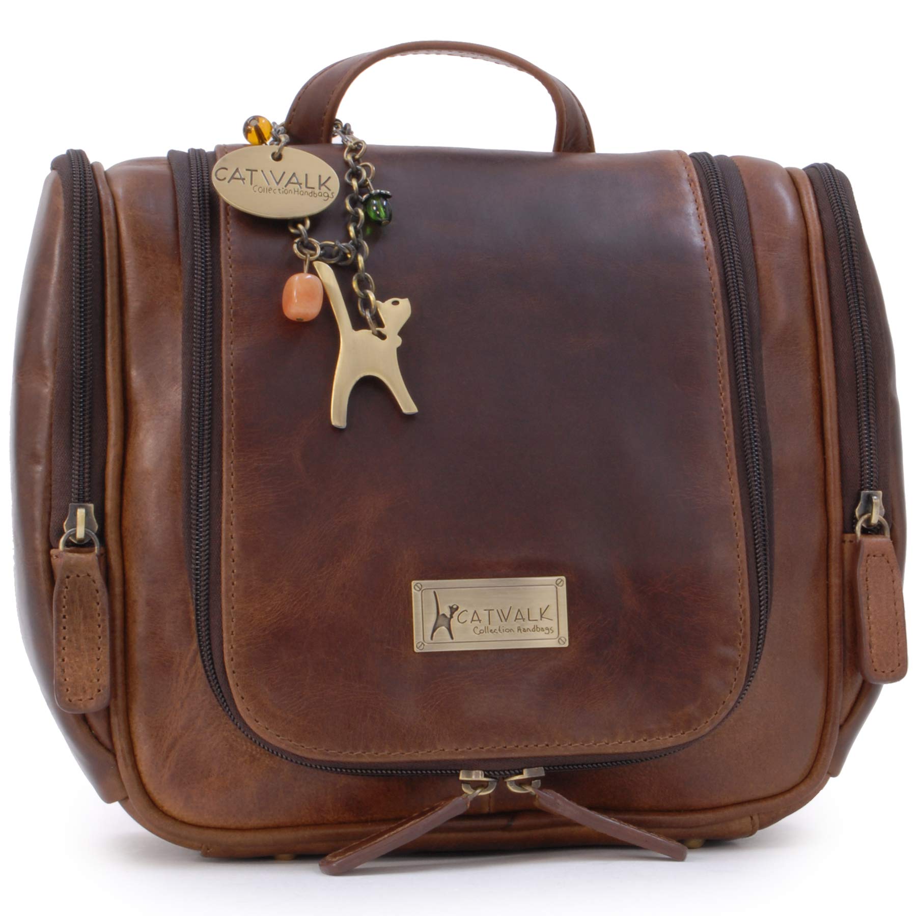 Catwalk Collection Handbags - Women's Large Toiletry Bag - Travel Hanging Wash Bag - Distressed Leather - Make-Up Organiser - Maisie - Brown