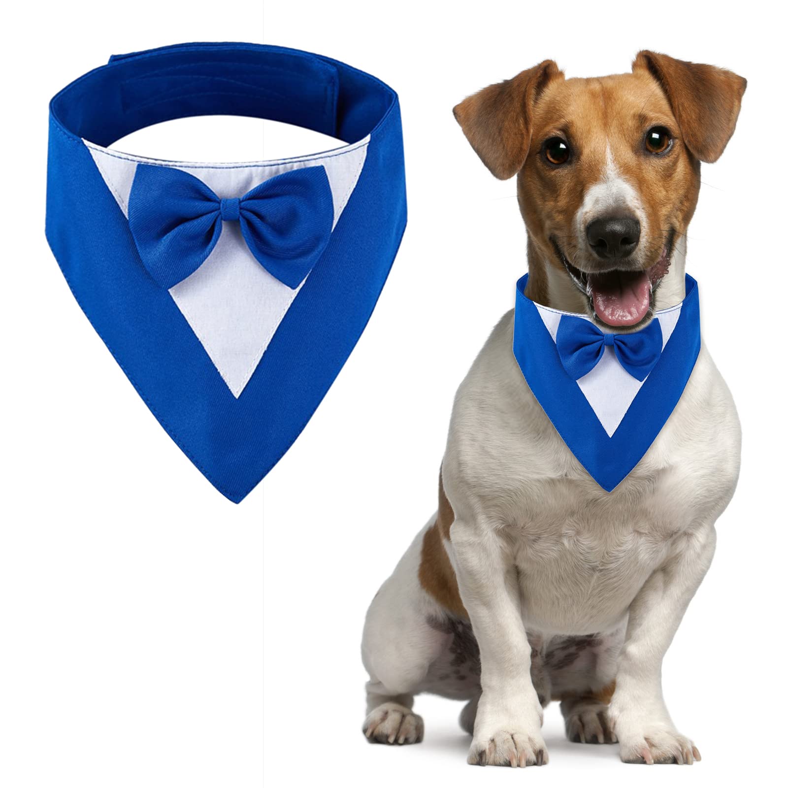 URROMA 1 PC Dog Tuxedo Bandana, Dog Wedding Bandana Collar Adjustable Pet Party Bandana Collar with Bow Tie for Pets Dogs, Blue XS