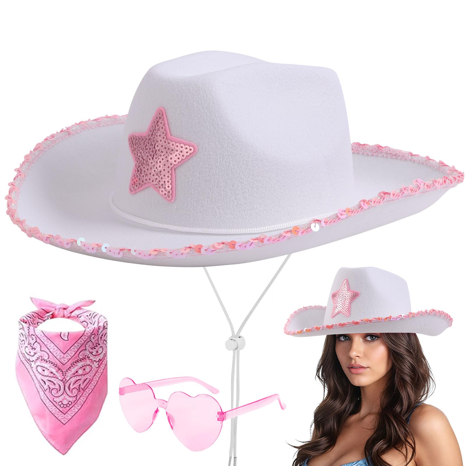 Aomig 3Pcs Cowboy Hat Fancy Dress Accessory, Cowboy Costume Set with Paisley Bandanna and Glasses, Western Cowboy Fancy Dress Costume for Birthday Halloween Bachelorette Bachelor Party Cosplay(White)