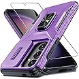 CASEJEEN for Samsung Galaxy S25 Case, S24 Case with Screen Protector and Slide Camera Cover,Rotated Ring Kickstand,Military Grade Heavy Duty Shockproof Protective Phone Case-Purple