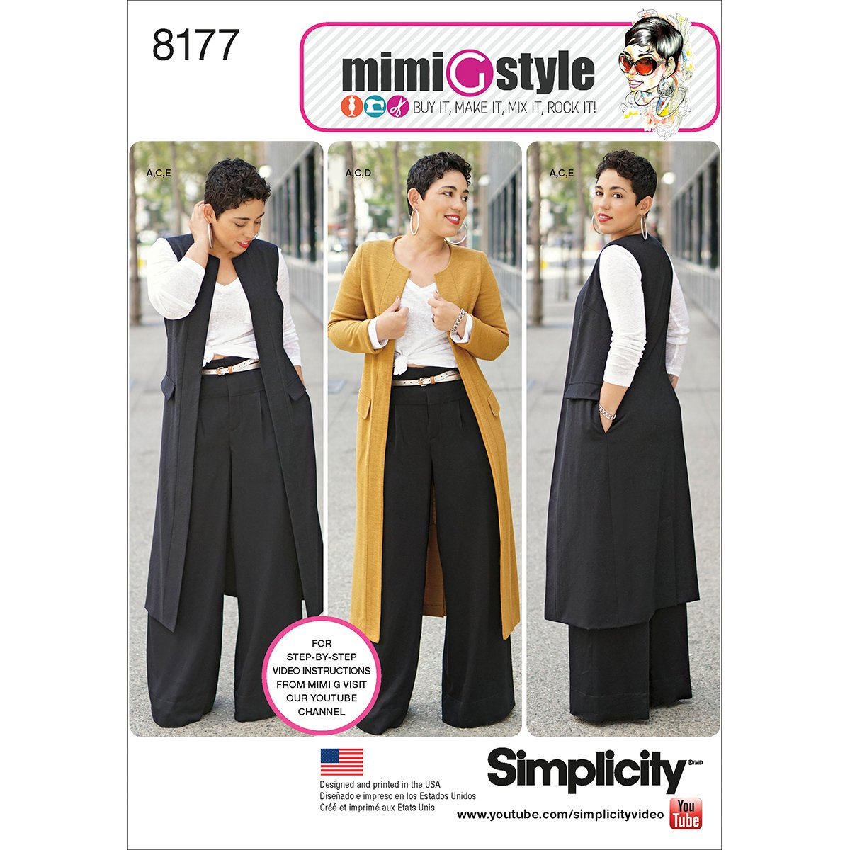 Simplicity Pattern 8177 Mimi G Style Trouser, Coat or Vest, and Knit Top for Miss and Plus Sizes, Paper, White, 22 x 15 x 1 cm