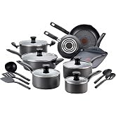 T-fal Initiatives Nonstick Cookware Set 18 Piece, Oven Broiler Safe 350F, Kitchen Cooking Set w/Fry Pans, Saucepans, Stockpots, Skillet, Spoons, Lids Pots and Pans Set Non Stick Dishwasher Safe Black