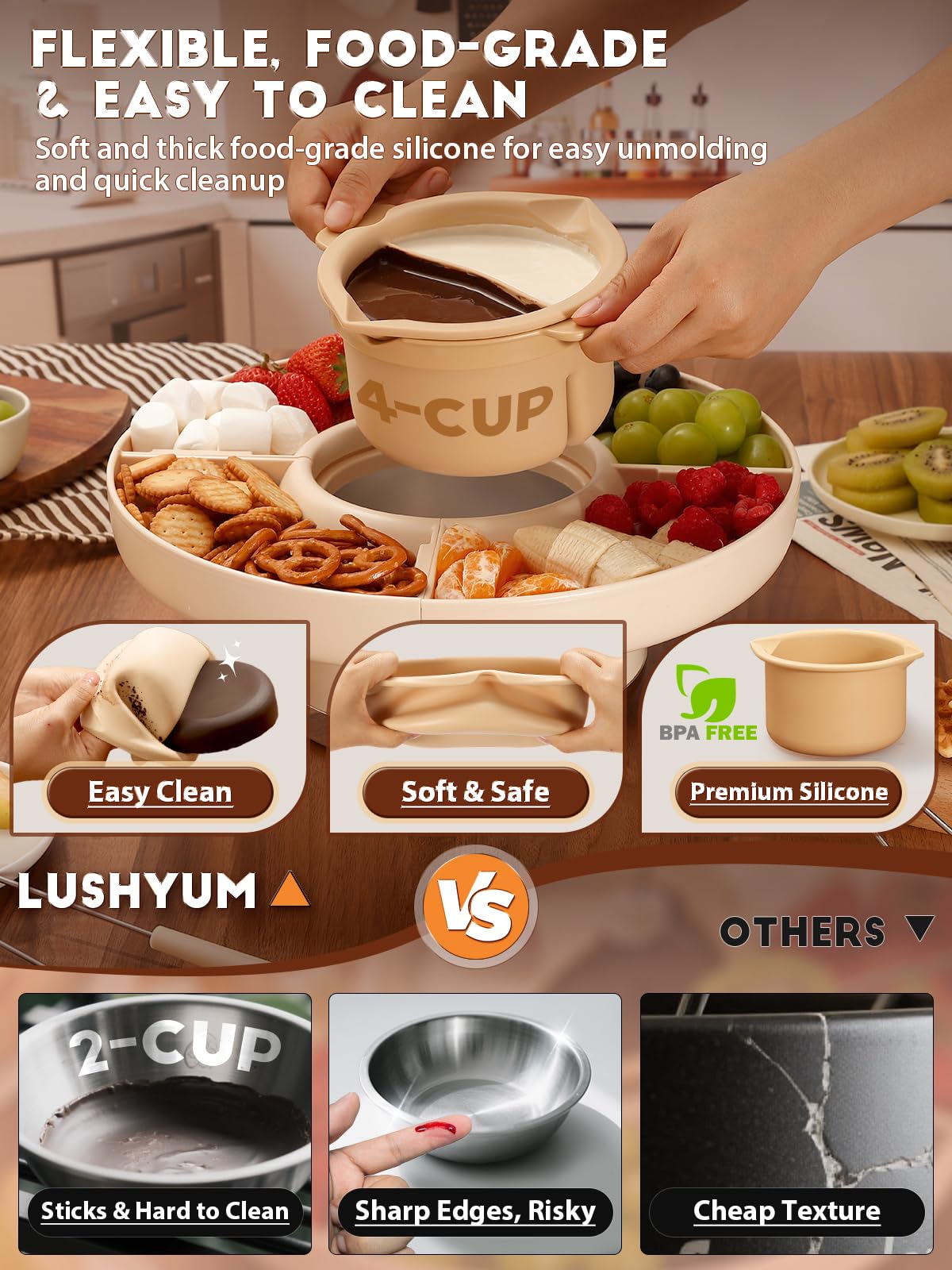 Chocolate Fondue Pot Set Electric Melting Machine, 4-Cup Capacity 4 Trays 5 Forks 1 Spatula Cheese Warmer, Ideal Gift for Couple Family & Date Night Idea House Warming Holidays Essentials