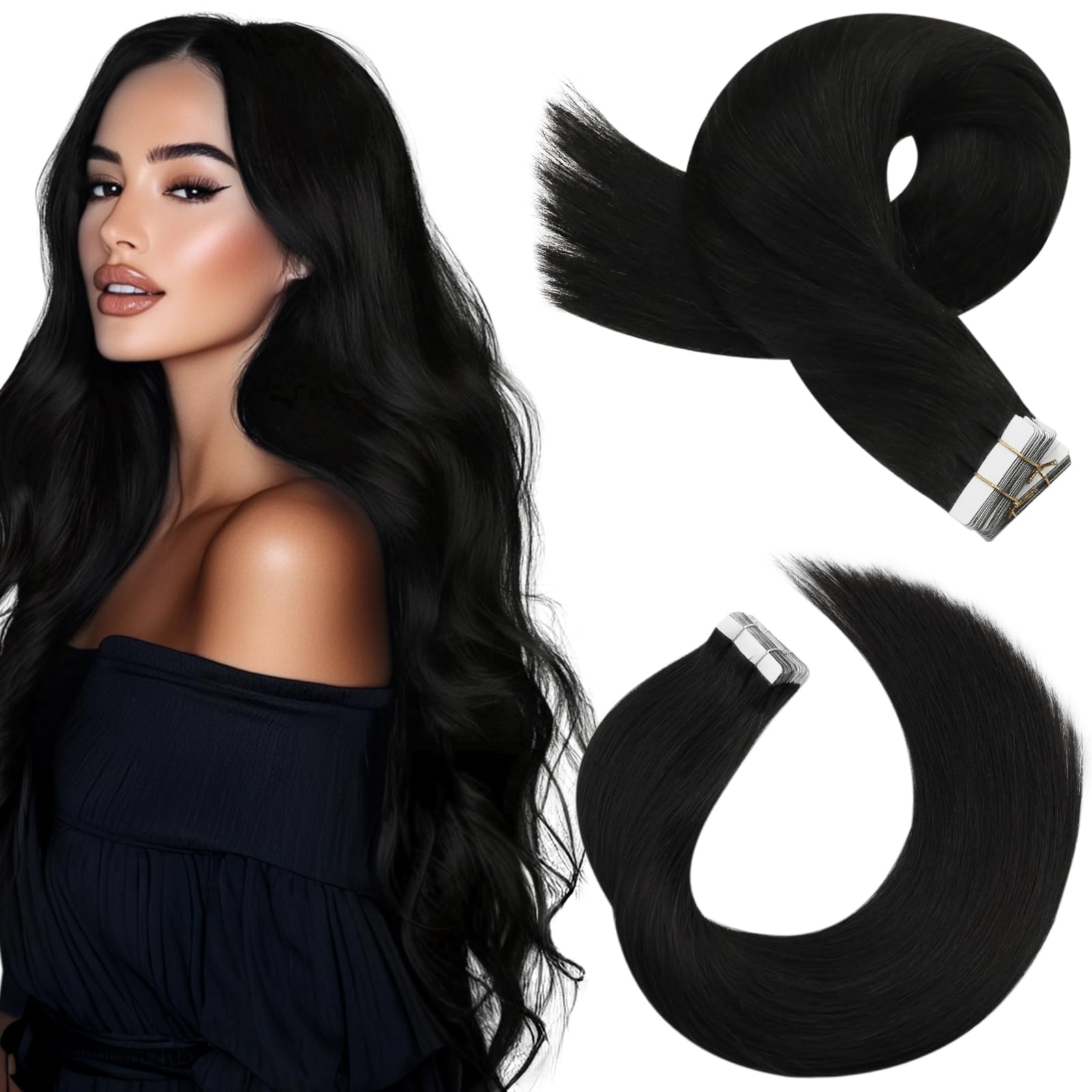 Moresoo Tape in Hair Extensions Human Hair Natural Black Hair Extensions Tape in Real Human Hair Black for Women 24 inch 20 Pieces/50G #1B — image 1
