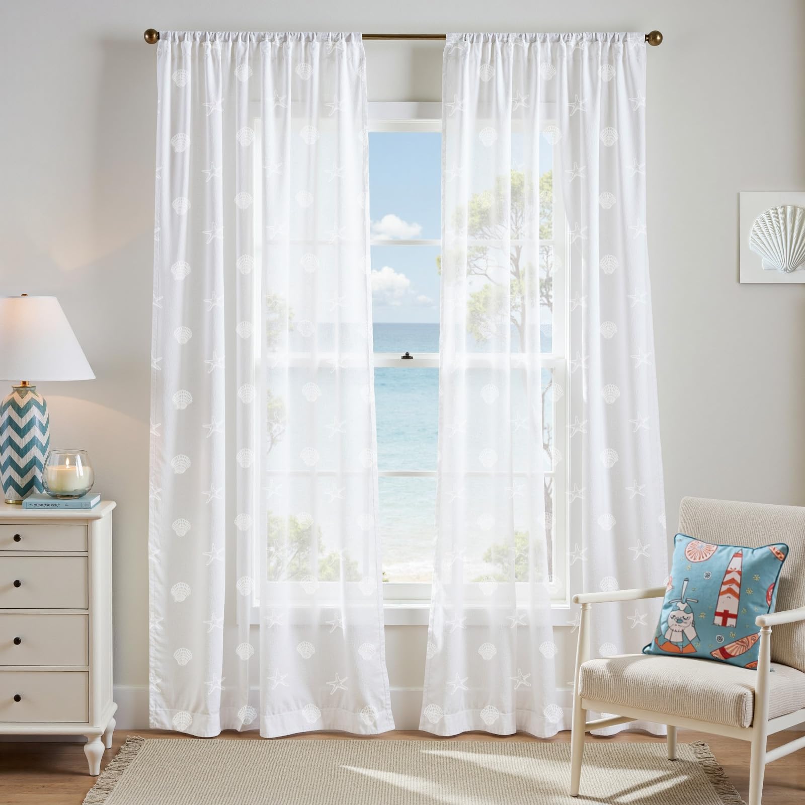 Photo 1 of jinchan Sheer Curtains for Living Room Bedroom White Coastal Curtains for Beach Cabin Summer Room 84 Inch Long Voile Light Filtering Seashell Starfish Window Treatments Set Rod Pocket 2 Panels
