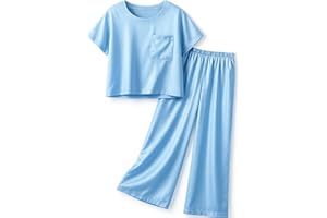 Petite&Me Silk Girls Pajamas Kids/Teens 2 Pieces Lounge Sets Short Sleeve Top & Wide-Leg Pants Soft Pjs Loungewear