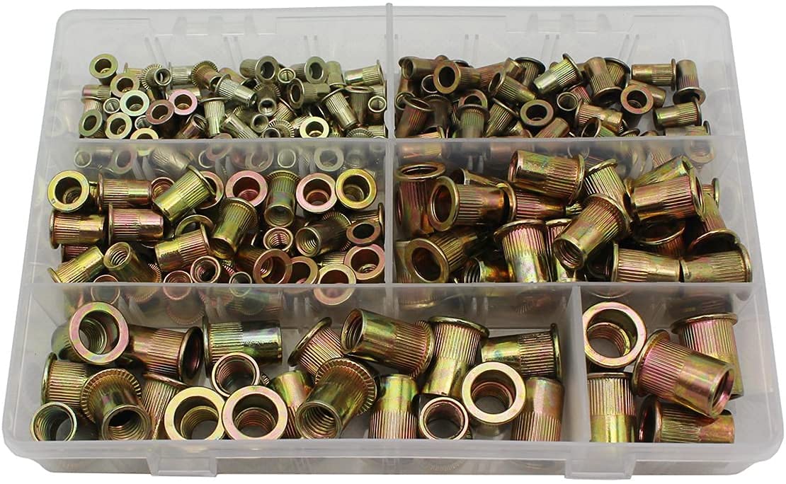 210Pcs Rivet Nut M4 M5 M6 M8 M10 M12 Zinc Plated Carbon Steel Flat Head Rivnut Threaded Insert Rivet Nuts Assortment Set