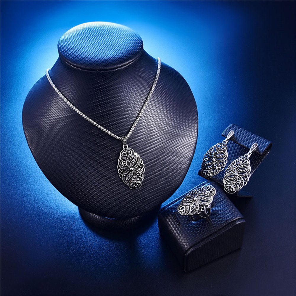 LUYUAN JEWELRY Punk Silvery Flower Wedding Jewelry Sets for Women, Fashion Zinc Alloy Crystal Pendant Necklace Earring Ring Set-Ring#8