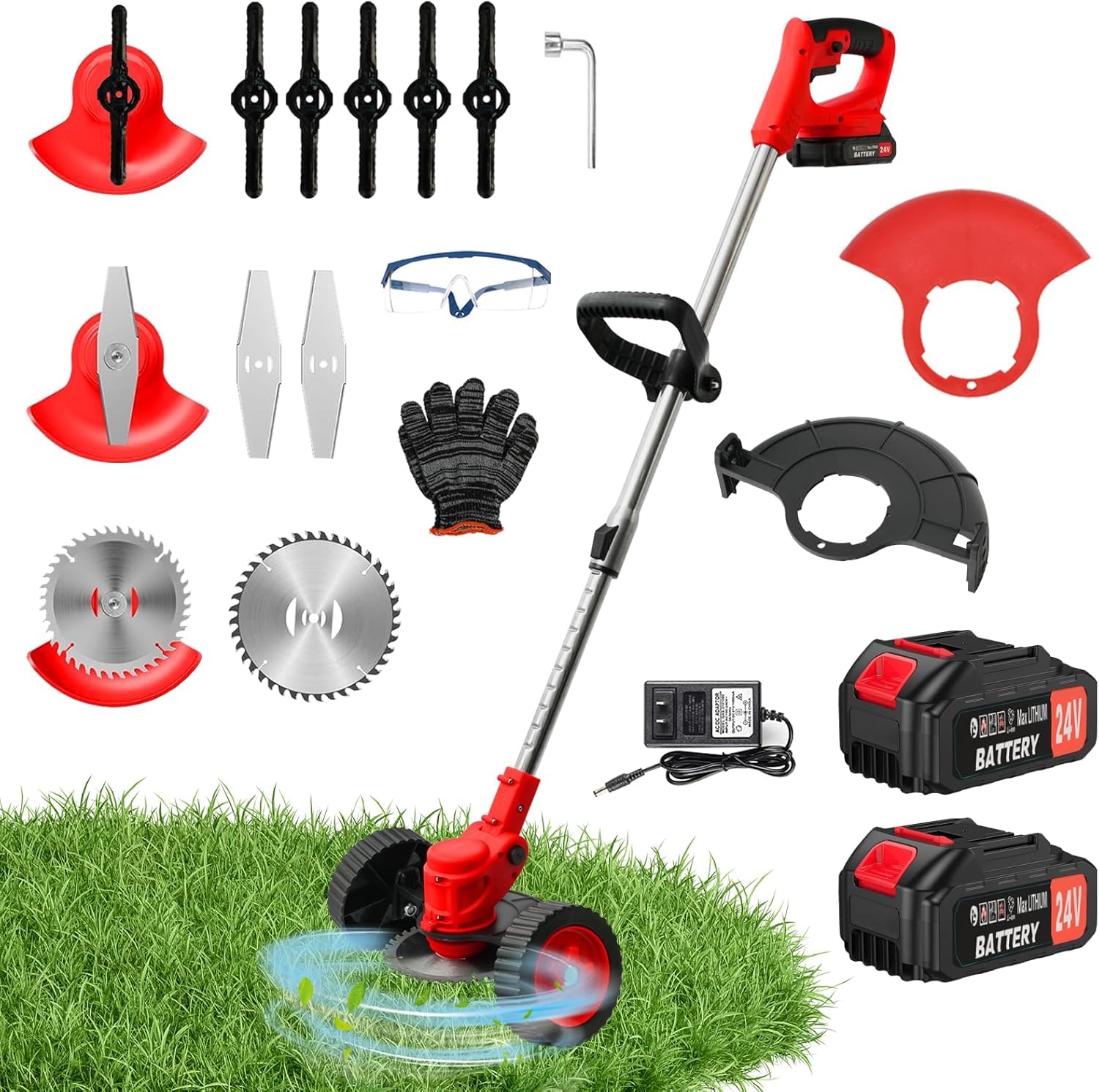 Photo 1 of 24V Electric Weed Wacker Grass Trimmer with 2pcs Batteries & Fast Charger, 3 in 1 Stringless Lightweight Brush Cutter/Edger/Mower with 3 Types Blade & Wheels for Garden and Yard Lawn