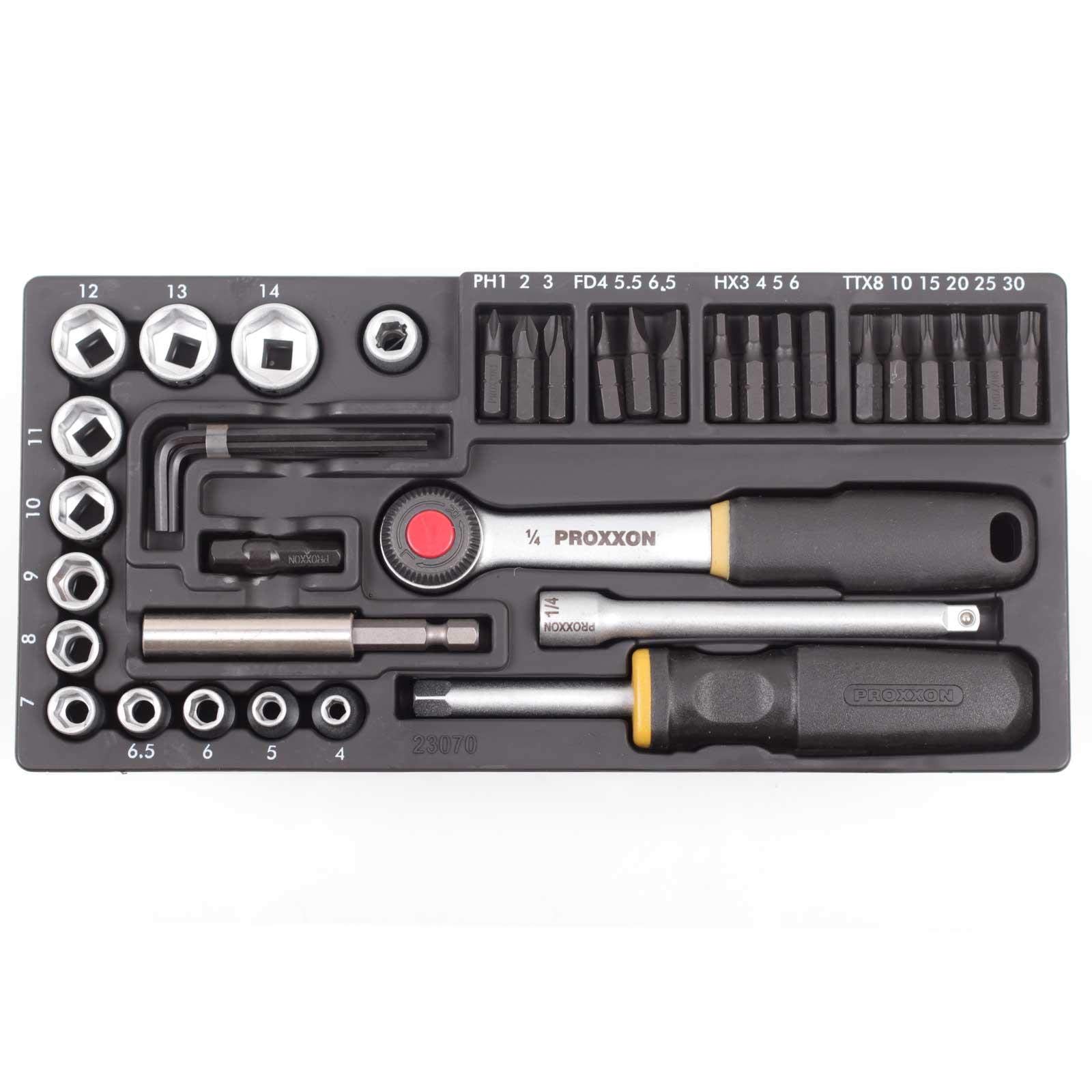 Proxxon Steckschlüsselsatz, Schraubersatz mit 1/4"-Umschaltratsche, Schraubendrehergriff und Magnethalter, 39-teiliges Werkzeug-Set mit Stahlkasten, 23070 6