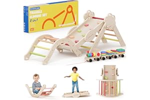 COSYLAND Pikler Triangle Set - 8 in 1 Montessori Climbing Toys for Toddlers 18M-3Y, Foldable Wooden Indoor Jungle Gym & Playground with Train Toy & Gift Box, Anti-Tip, ASTM Certified, Warm Tones