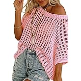 ATHMILE Womens Short Sleeve Sweaters Scoop Neck Summer Beach Cover up Casual Crochet Hollow Out Knit Tops Pullover Shirts