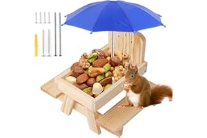 Owfeel Squirrel Feeder Table with Umbrella, Wooden Squirrel Picnic Table, Durable Squirrel Feeder with Corn Cob Holder for Garden Trees Forest House (Wooden Color)