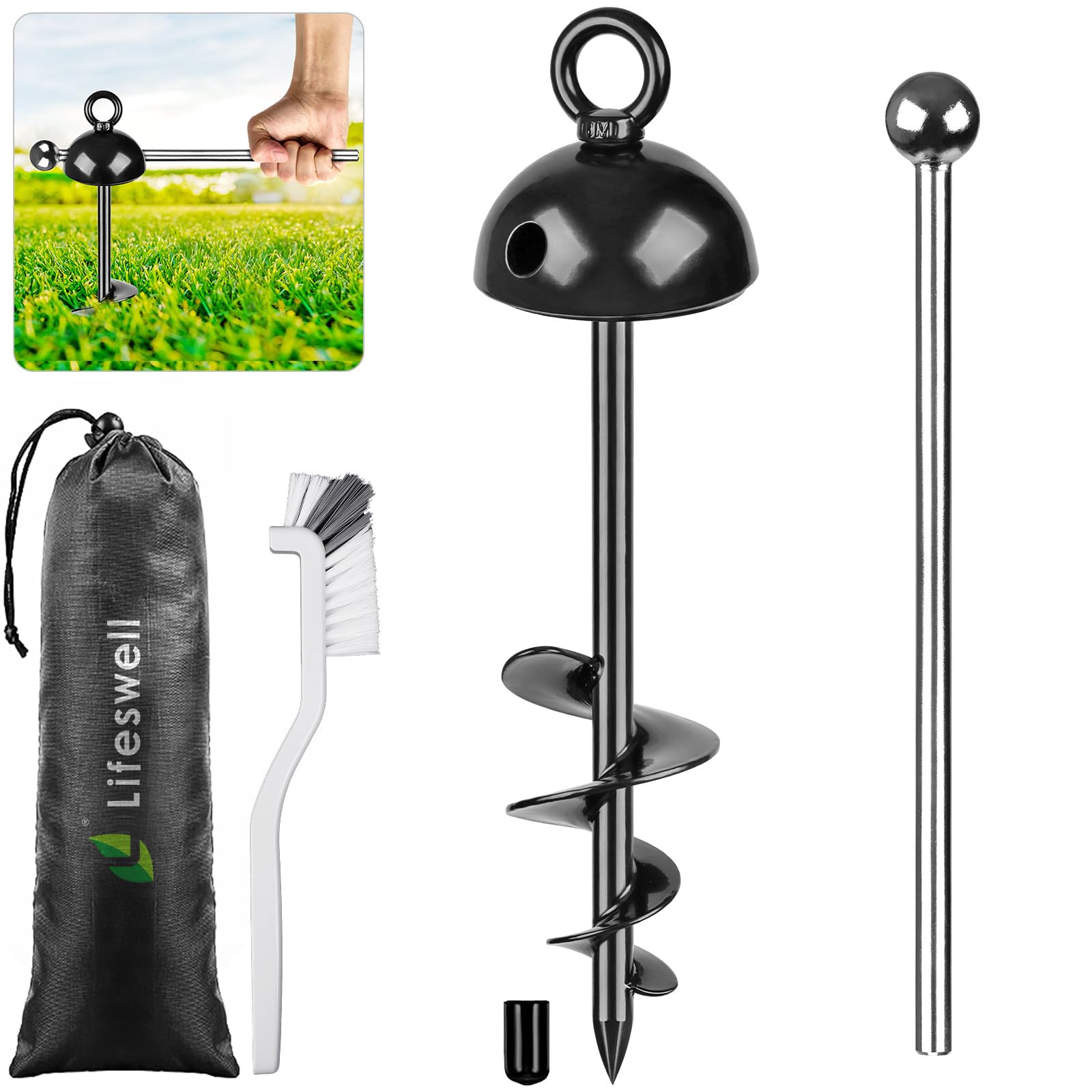 15 Inch Dog Tie Out Stake, Heavy Duty Dog Anchor for Dogs up to 220lbs, No Tangle, Easy to Install and Remove, Ideal for Yard, Camping, and Beach, 1 Pack (Black)