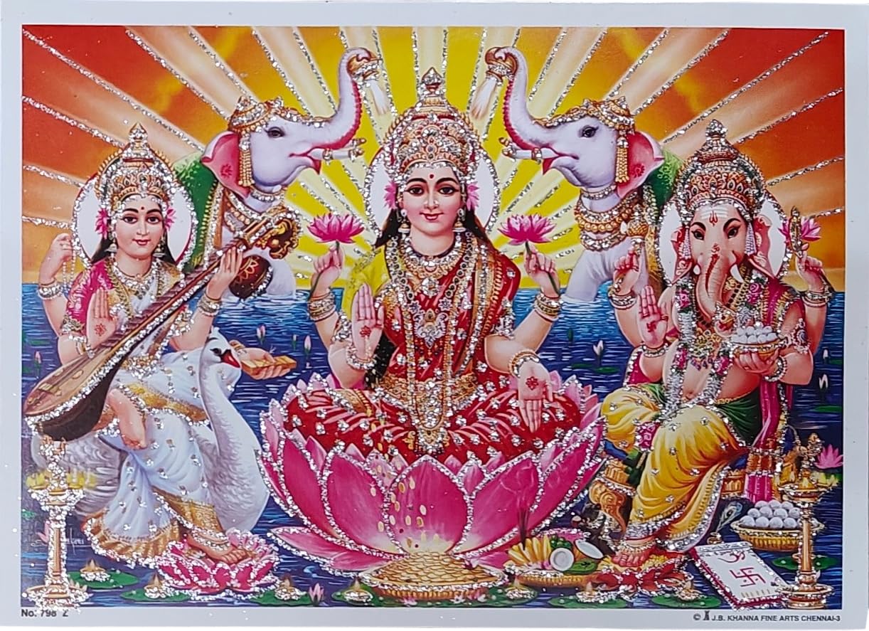 Rastogi Handicraft India Best Of Reprint Hindu God Poster/Picture With Unframed (White Paper, Laxmi-Ganesh-Saraswati-Ji-7" X5)