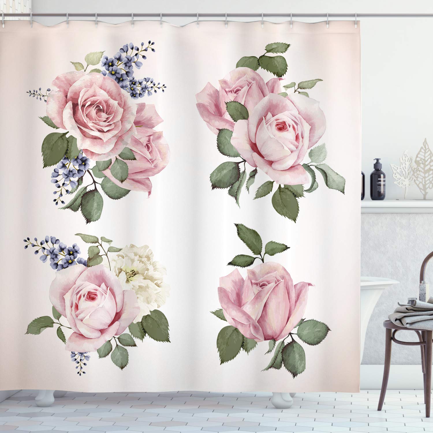 ABAKUHAUS Rose Shower Curtain, Springtime Bouquets of Roses Bridal Flora Corsage Gentle Nature Season, Cloth Fabric Bathroom Decor Set with Hooks, 70 Inches, Pale Pink Reseda Green