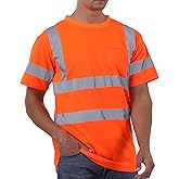 High Visibility Shirts for Men Class 3 Hi Vis Reflective Construction Shirts for Men with Pocket Safety T Shirt for Mens Work Shirt for Mens Short Sleeve Orange
