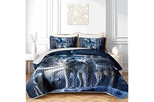 AILONEN Wolf Printed Quilt- Coverlet Set for Boys- Queen Size Quilt Bedding Set Starry Snow Wolves Themed - 3Pcs Safari Wolf Quilted Bedspread for Kids Teens with 2 Pillowcases