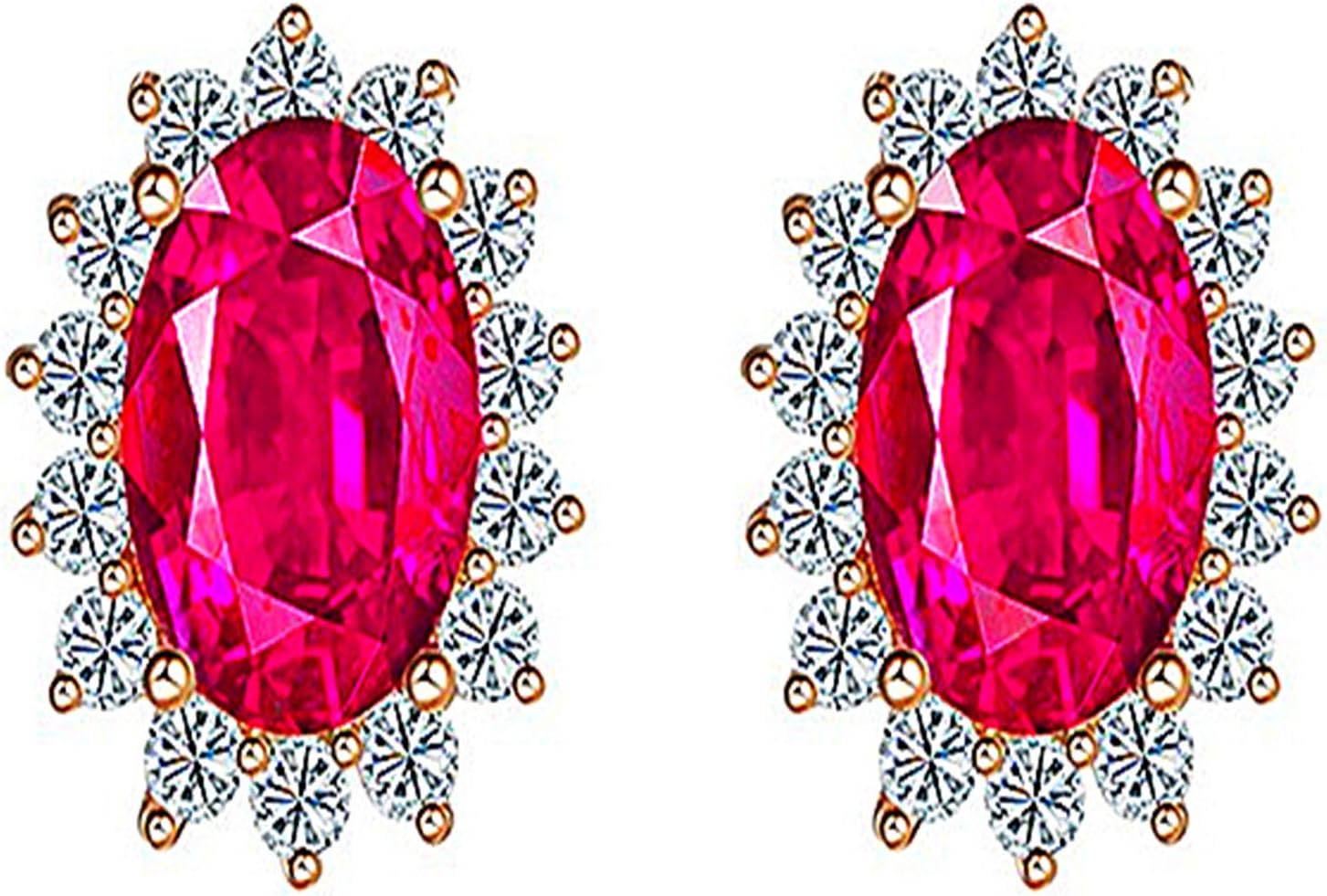 Rhodium Plated Sterling Silver Red Gemstone & Created White Sapphire Halo Oval Stud Earrings for Women Girls