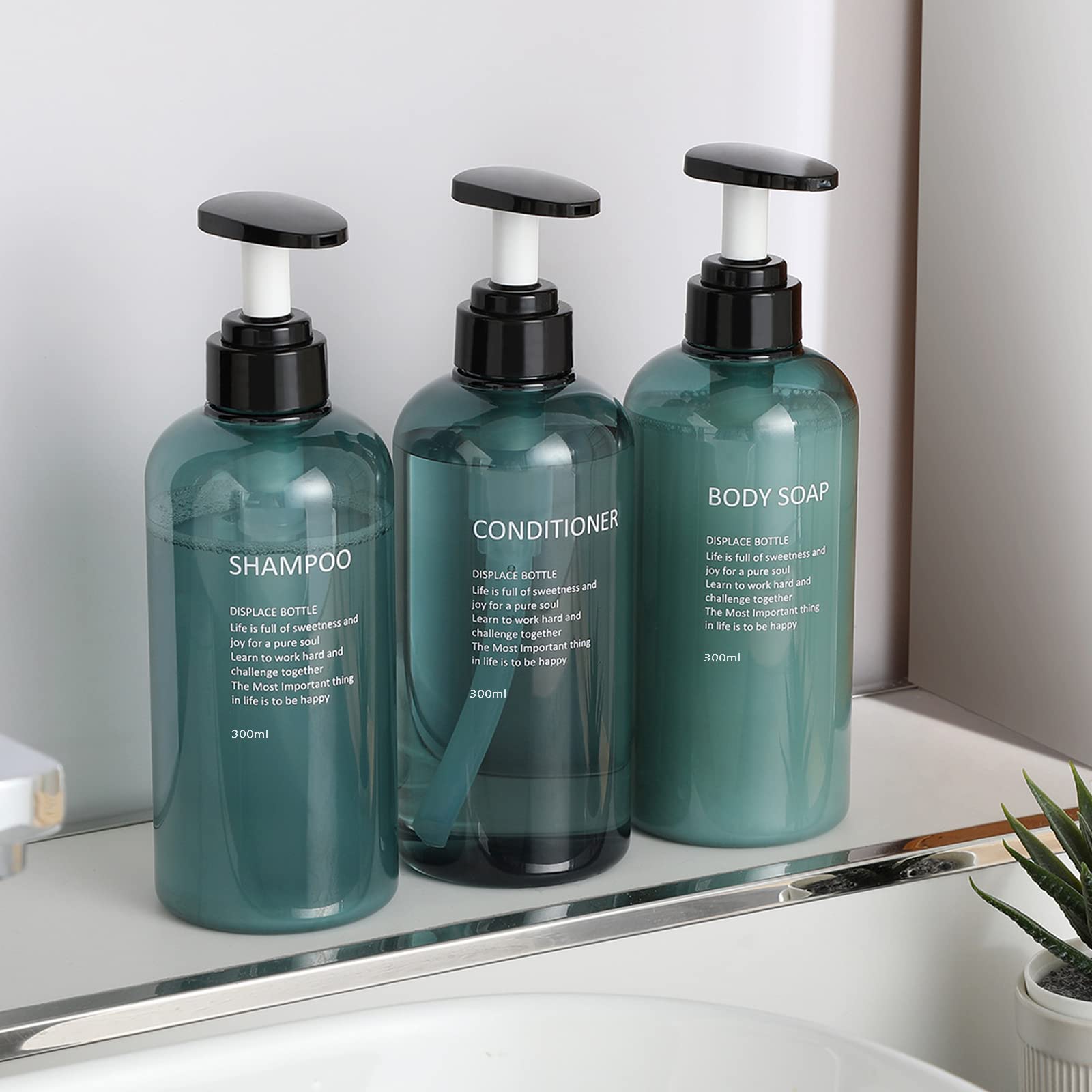 Monsully 3 Pack 300ml Shampoo Dispenser, Empty Plastic Pump Bottles for Bathroom Kitchen (Blue)