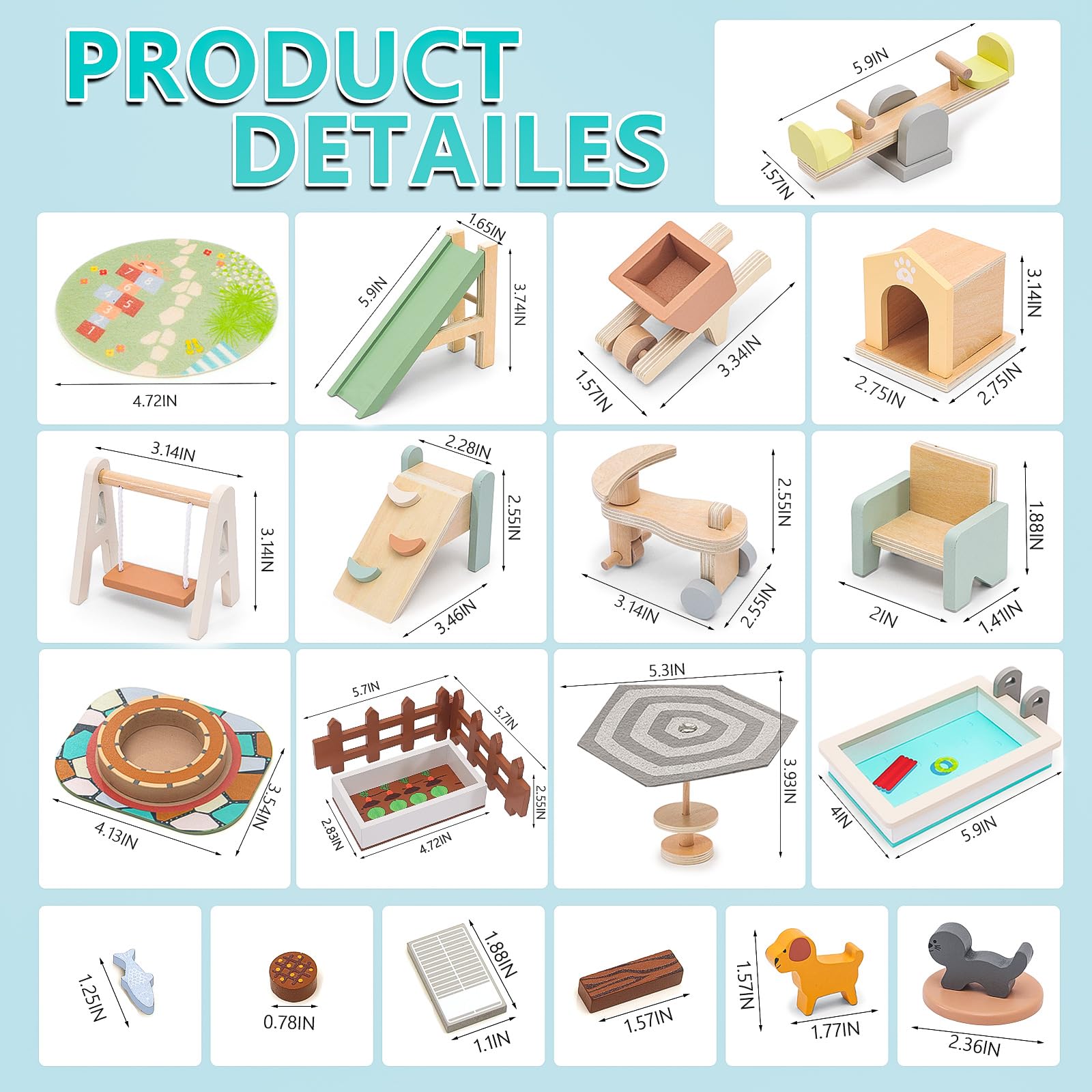 Wooden Doll House Furniture and Accessories Outdoor Play Set for Kids- Includes Slide, Swing, BBQ Grill, Pool & Garden - Perfect Doll House Decor Gift for Children 3-6 Years Birthday Christmas