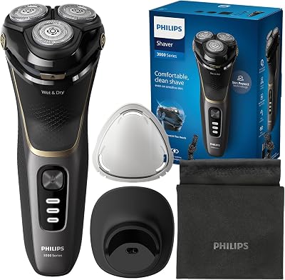Serie 3000 Afeitadora Eléctrica Hombre, Máquina de Afeitar Barba con Cortapatillas, 27 cuchillas, Cuida la piel, 60min de uso, En Seco y Húmedo, Recargable, Funda, Base Carga, S3342/13, Negro
