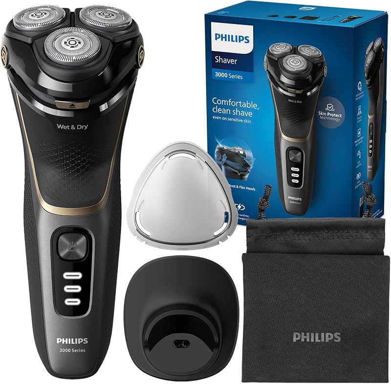 rasoio elettrico serie 3000 - Rasoio elettrico Wet&Dry per uomo, tecnologia SkinProtect, colore Deep Black, rifinitore a scomparsa, supporto di ricarica, astuccio da viaggio (modello S3342/13)