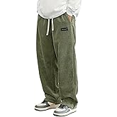 Hidkat Mens Corduroy Casual Pants Fashion Loose Fit Wide Leg Pants Straight Sweatpants Elastic Waist Drawstring