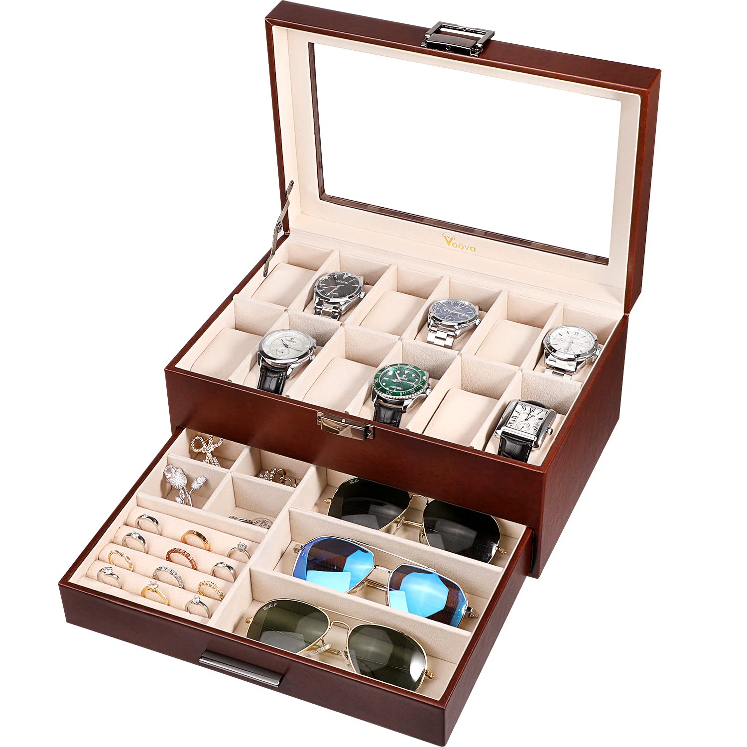 Voova Watch Boxes Organiser Jewellery Box for Men Women,2 Layer Large 12 Slot PU Leather Watch Storage Case,Glass Top Jewelry Display Holder for Watches Sunglasses Rings Necklaces Bracelets,Brown