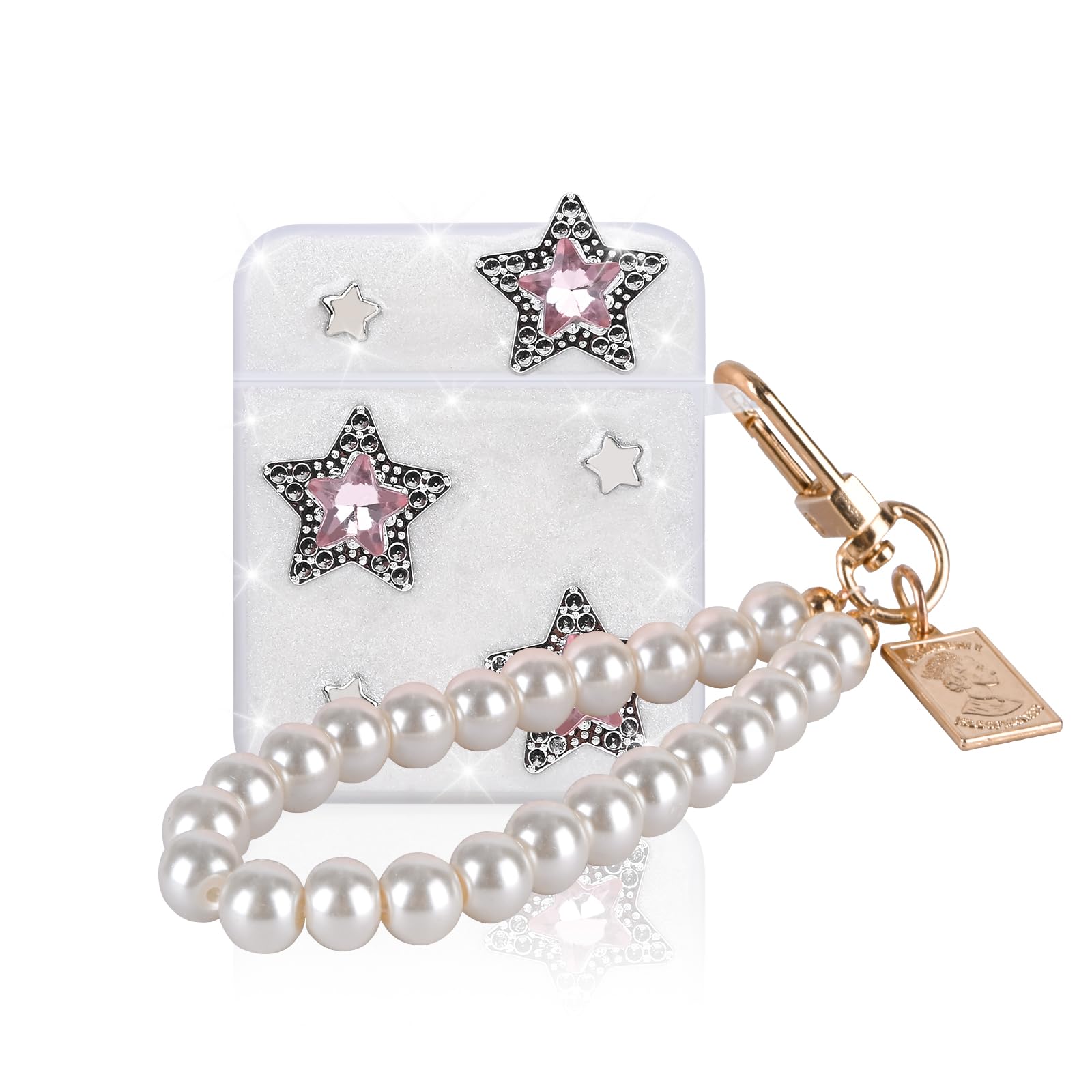 Sparkle Case for AirPods 1/2 Cover with Luxury Pearl Bracelets Keychain, Cute plating Pink Star Design TPU Full-Body Protective Shockproof Cover for AirPod 2nd Generation