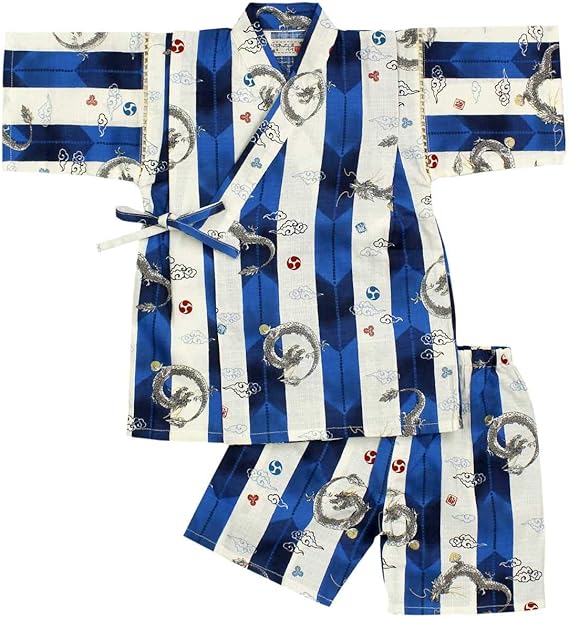 Amazon Co Jp 甚平 キッズ 男の子 綿100 おしゃれ 可愛い 上下セット 日本製生地 祭り 花火 暑さ対策 ボーイズ 男児 和柄 龍柄 矢絣 ストライプ ブルー 100cm 服 ファッション小物