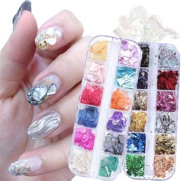 Amazon Com 2 Boxes Gold Foil Nail Art Decals 3d Nail Art Supplies Holographic Nail Glitters Sequins Irregular Abalone Seashell Slices Nail Flakes Glitter Nail Art Design Manicure Tips Nails Decoration Kit