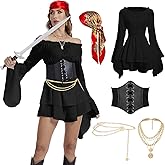 rumnigh Pirate Costume Women Medieval Viking Pirate Dress Head Scarf Sash ChainNecklace Party Outfit Accessories
