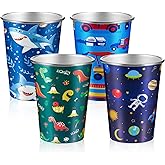 Jingmore 4 Pack 12 oz Stainless Steel Cups for Toddler Boys, Metal Cups for Kids Gifts for Dinosaur Shark Space Construction Lovers, Back to School Essentials for Children K-2, Christmas Gift