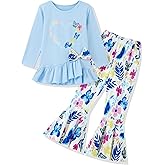 Auiopila Little Girl Clothes 2-8Years Girls Outfit,Long Sleeve Ruffle Top+Bow ,Flower Flared Pants 2Pcs Fall winter Set