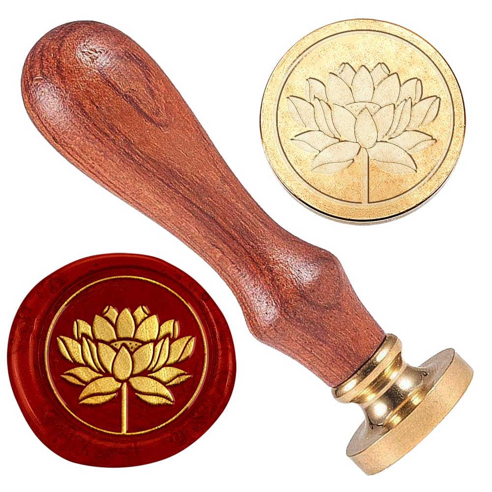 DELORIGIN Lotus Wax Seal Stamp Embossed Stamp Sealing Vintage Elegant Removable 1" Brass Seal Wood Handle for Wedding Engagement Party Invitations Envelopes Gift Packing Cards Envelopes Decoration