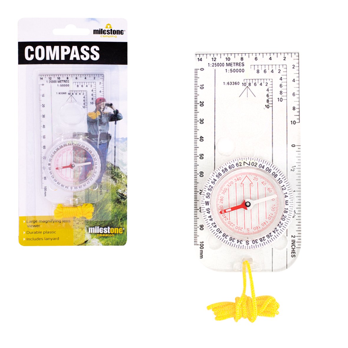 Milestone Camping 20690 Travel Compass with Lanyard/Large Magnifying Lens and Marked Scales/Hiking Essential,Transparent,12 x 8 x 1.8 centimetres