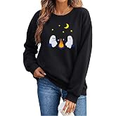 Halloween Sweatshirts Women Embroidered Pullover Casual Ghost Top | Spooky Season Halloween Party Themed Long Sleeve Embroidery Fall Tee Tops