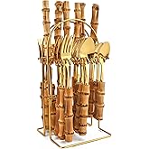 Snplowum 24-Piece Gold Stainless Steel Flatware Set, Bamboo Handle Cutlery with Stand Dinnerware Set Include Knife Fork Spoon