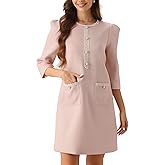 Allegra K Tweed Jackie Dress for Women's 3/4 Sleeve Elegant Crew Neck Work A-Line Vintage Party Mini Dresses