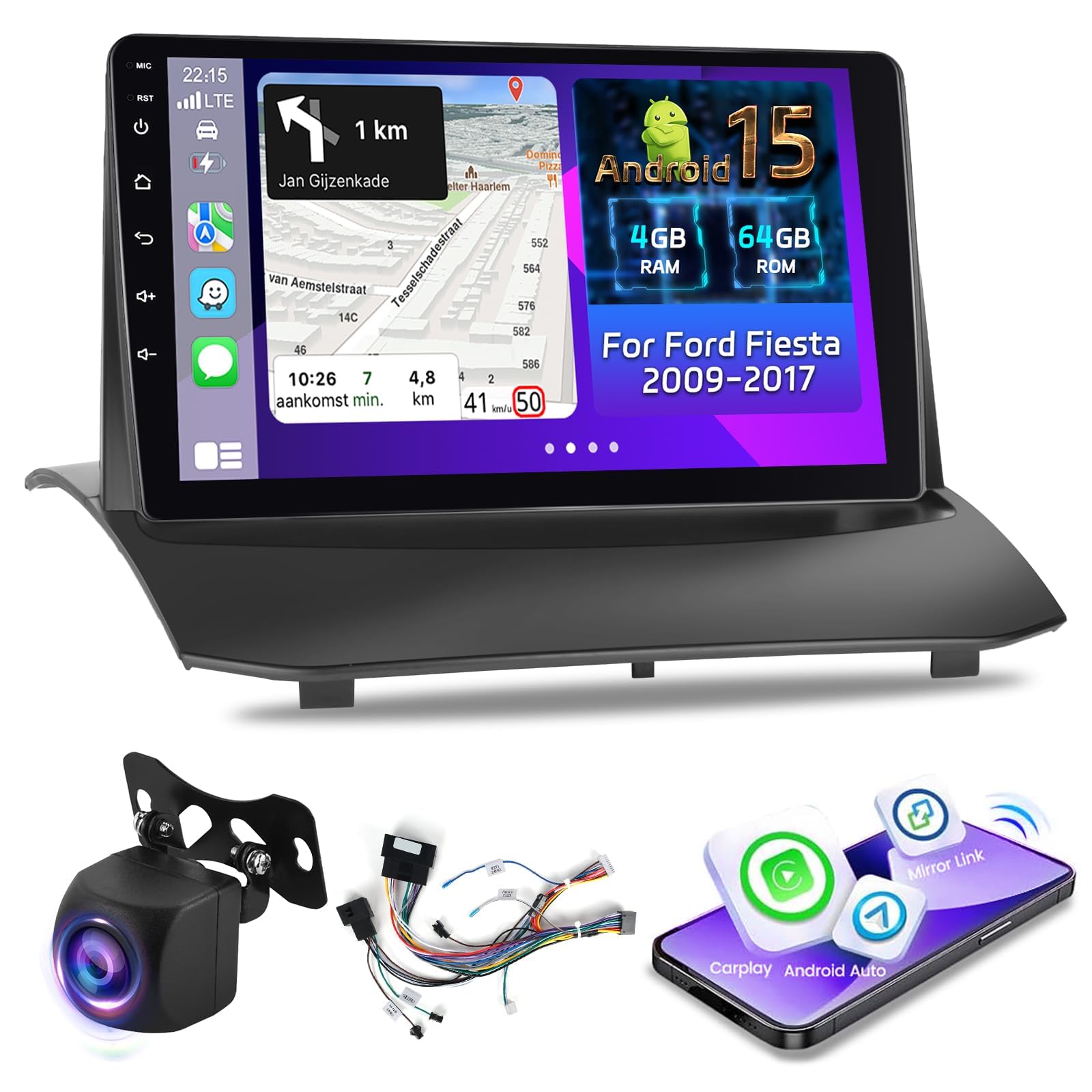 Photo 1 of NHOPEEW [4+64G] for Ford Fiesta 2009-2017 Android 15 Radio: 9 inch IPS Touchscreen Upgrade Stereo - Wireless Carplay & Android Auto, AI DSP/EQ, Custom Homepage, 5G WiFi, GPS + Canbus + Rearview Camera