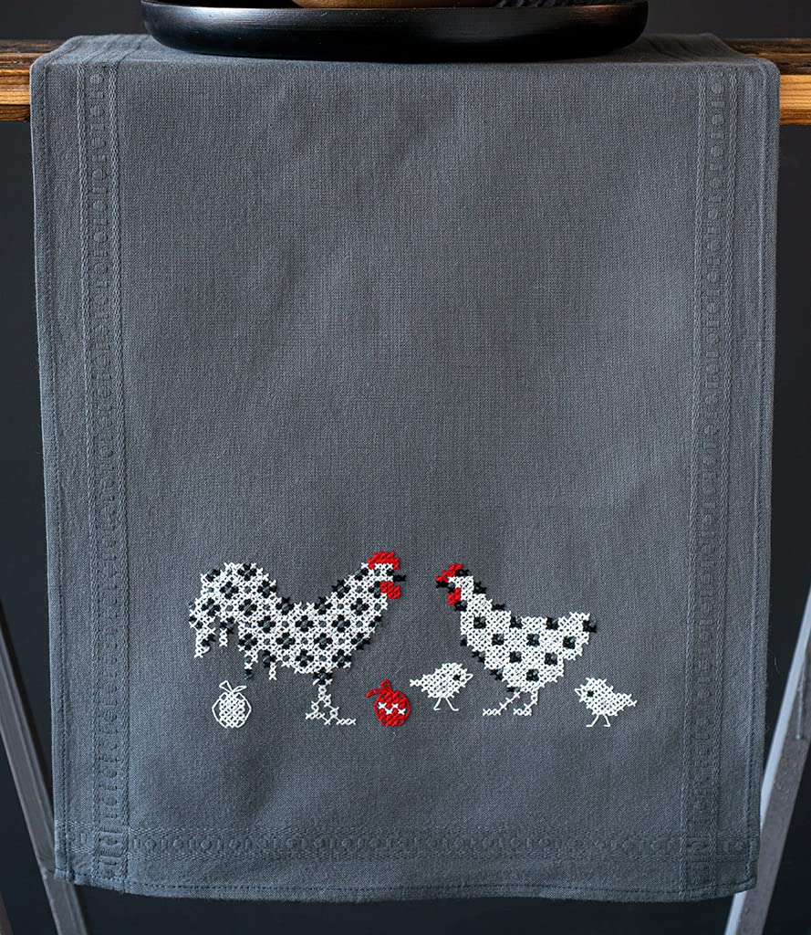 Vervaco Pre-Printed Cross Stitch Kit Table Runner Rooster and Chicken Embroidery Complete Kit Adult Creative Home Decoration Manual Table Cadeou DIY Approx. 40 x 100 cm Cross Stitch Embroidery