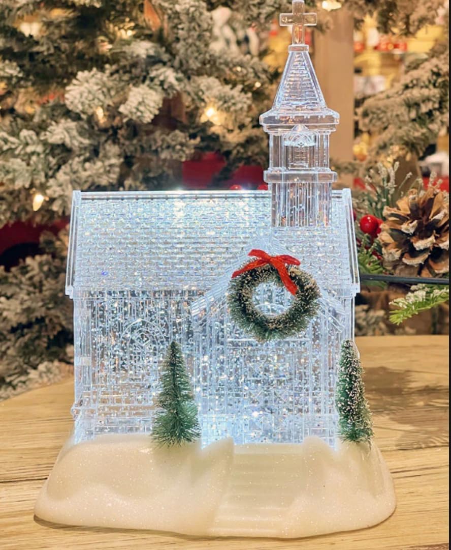 HomeZone® LED Acrylic Snow Village Church for Christmas Tabletop Decor, Christmas Village Houses with Snow and Led,28cm Winter Village Accessories,White Xmas House Figurines,Xmas Decoration