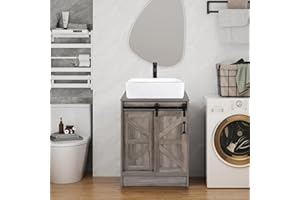 SOLIDEE 24 Inch Barn Door Bathroom Vanity, Farmhouse Style Standing Pedestal Cabinet with Square White Ceramic Vessel Sink