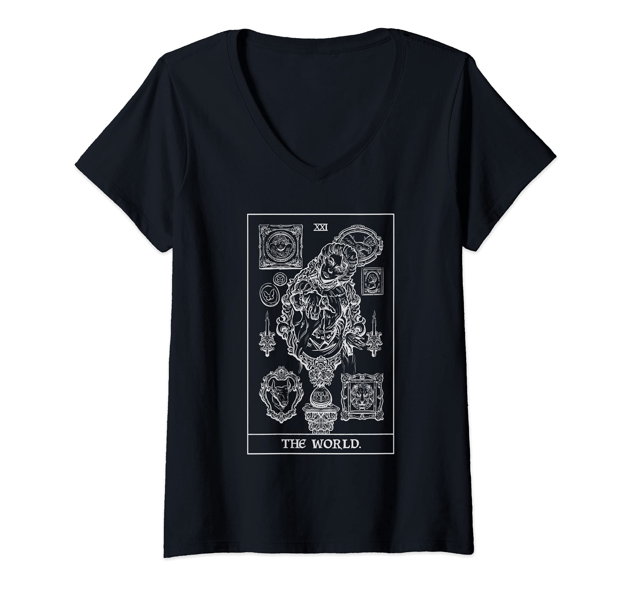 Womens The World Tarot Card Victorian Ghost Gothic Spooky Horror V-Neck T-Shirt