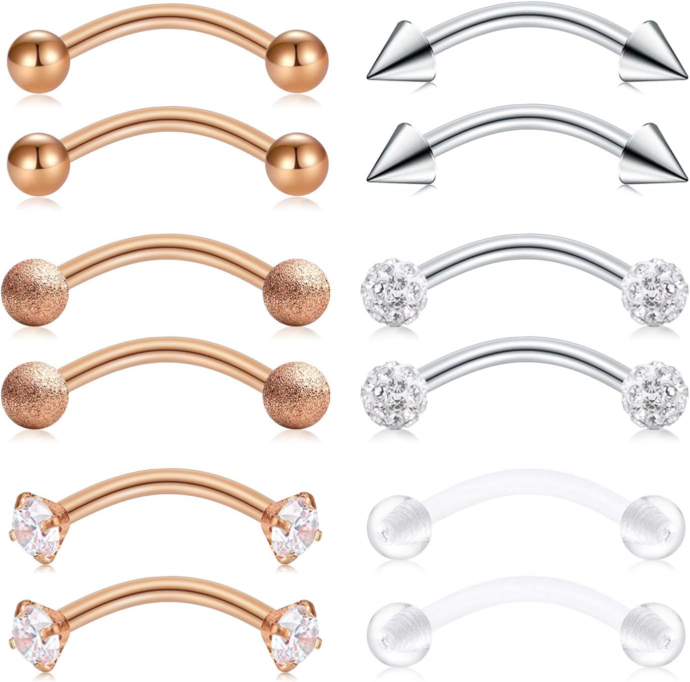 FECTAS 16G Daith Earrings Rook Forward Helix Earring Eyebrow Rings Lip Curved Piercing Barbell 4PRS 3/8"
