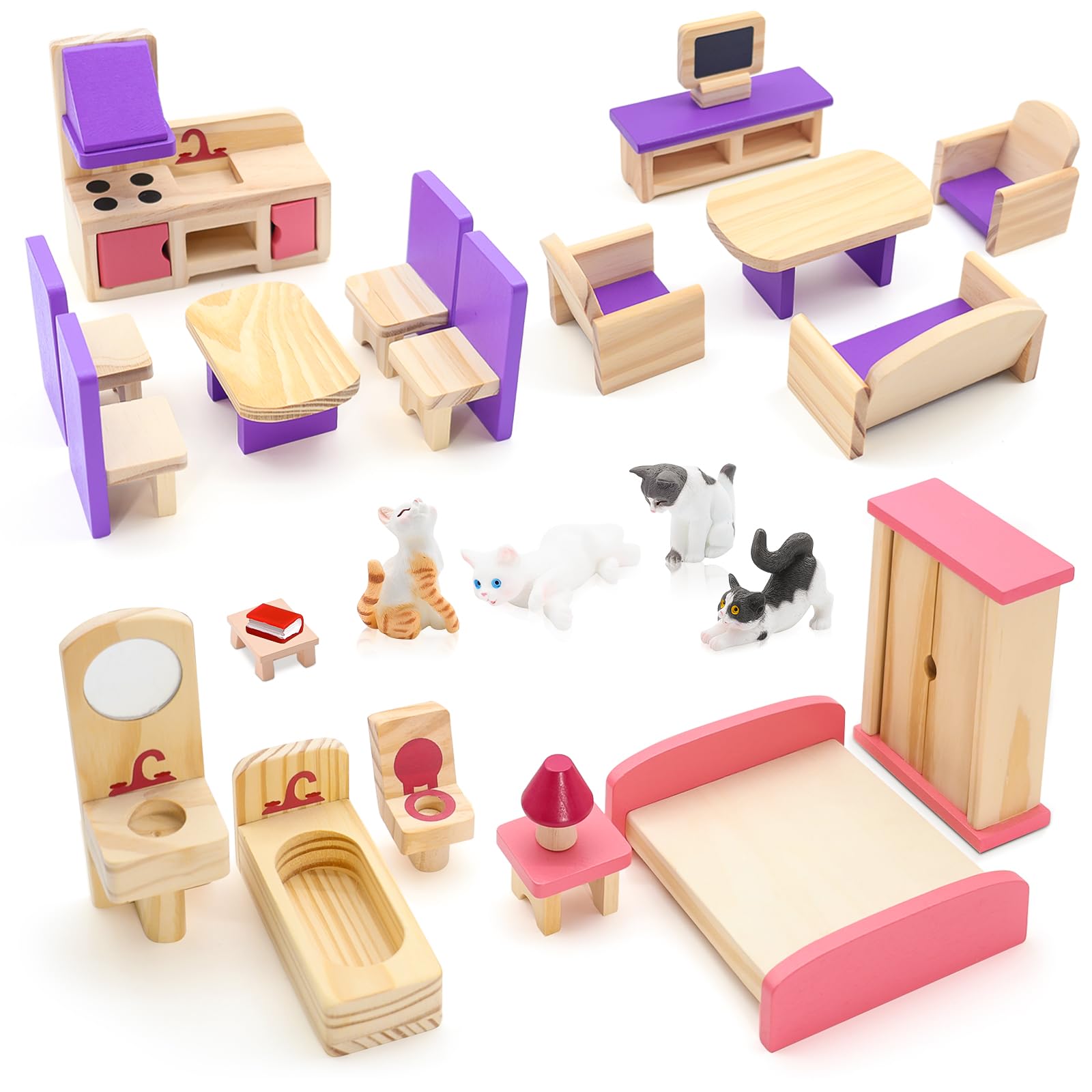 25PCS Wooden Doll House Furniture Set,Realistic Dollhouse Accessories with Bedroom,Living Room,Dining Room Accessories,Mini Cats for Pretend Play Educational Toys for Girls Boys Children Toddlers 3+