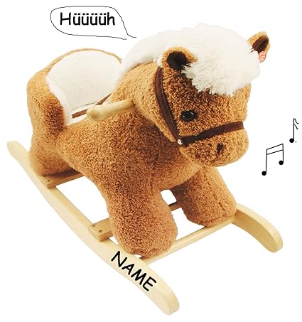 XL Plüsch und Holz Schaukelpferd - mit Sound / Melody / Musik incl. Namen - mit Einstieghilfe und Sicherheitsgurt - Schaukelt
