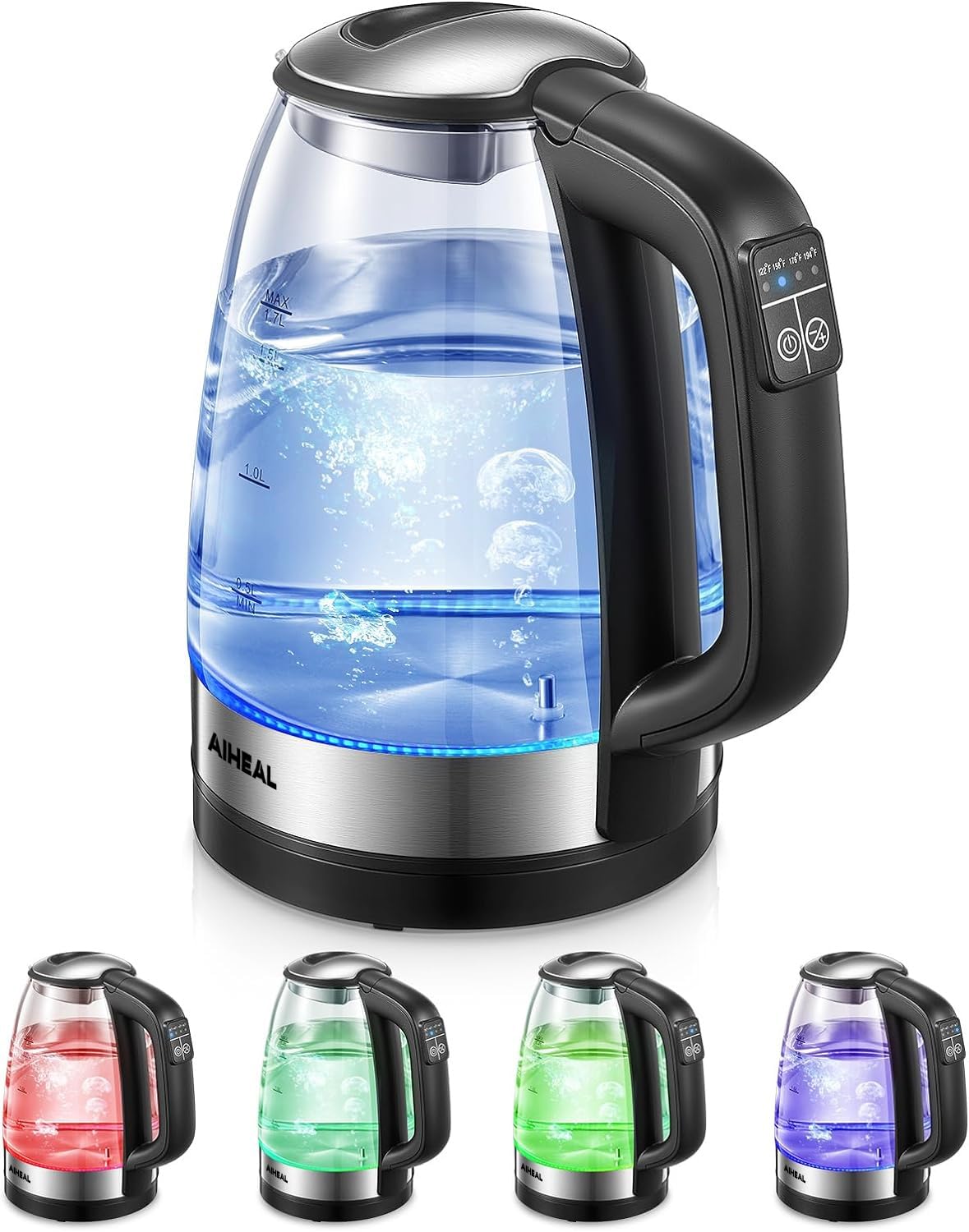 Photo 1 of Electric Kettle, Aiheal Glass Kettle Temperature Control With 5 Colors LED Lights Variable, Keep Warm, Fast Boiling Electric Kettle, Stainless Steel Inner Lid & Bottom, 1.7L