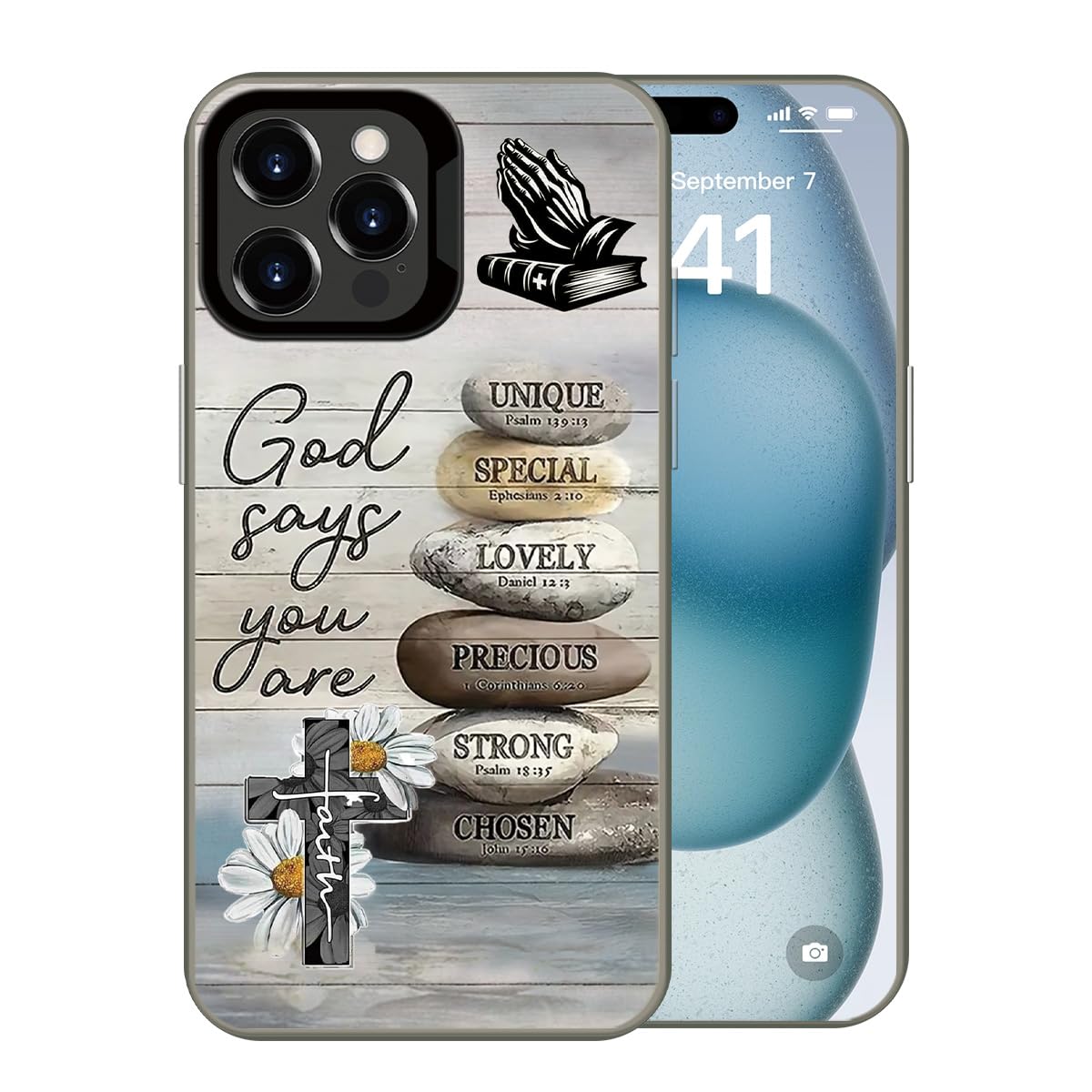 FENBAND God Cross Wood Grain Phone Case Compatible with iPhone 13 Pro Max, Bible God Quotes Flower Designs Shockproof Non-Drop Protective Cover